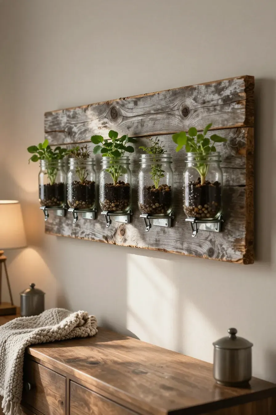 Mason jar planters mounted on a reclaimed wood board as bedroom wall decor.