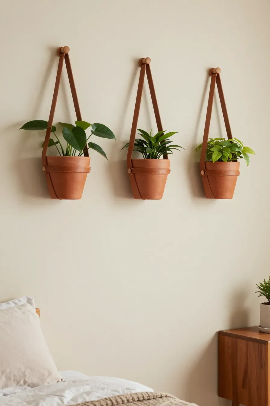 Terracotta pots in tan leather straps hanging from wooden pegs on a cream bedroom wall.