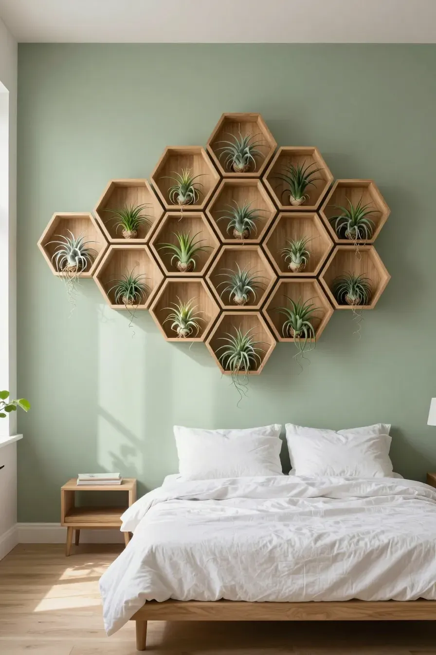 A cluster of oak hexagon shelves on a sage green wall filled with various air plants in a bedroom.