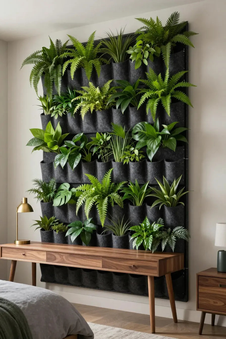 A lush vertical garden made of felt pockets covering a bedroom wall behind a modern wooden desk.