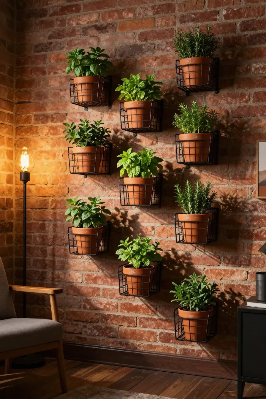 Black metal wire baskets holding terracotta herb pots mounted in a staggered pattern on a brick wall.