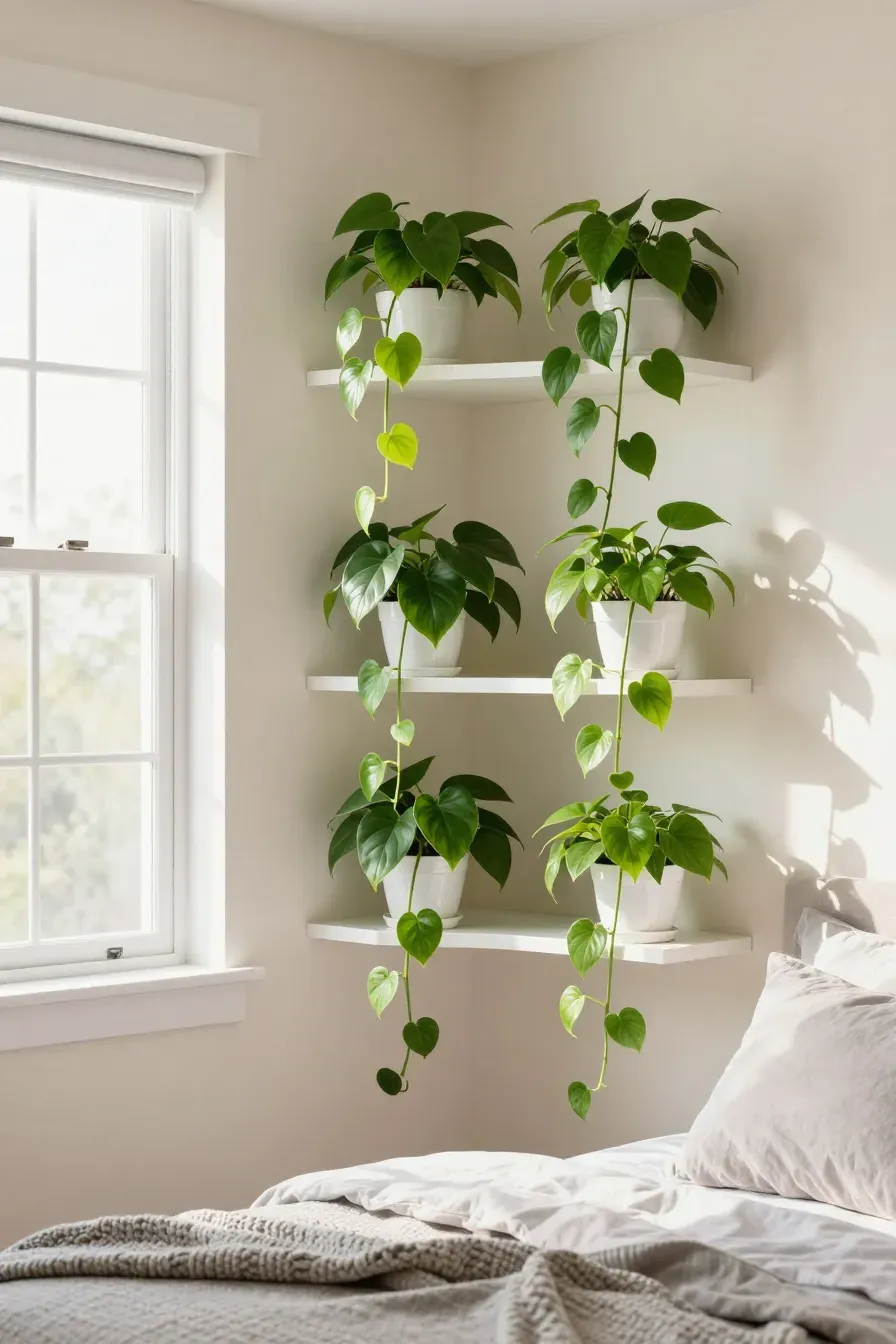 White corner shelves with long trailing Heartleaf Philodendron plants in a bright, sunny bedroom.
