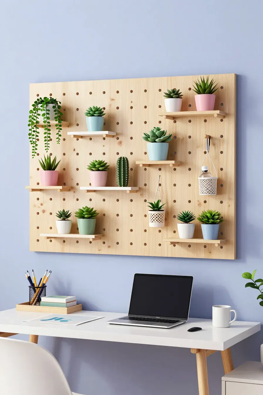 A birch pegboard with adjustable shelves holding succulents and art supplies in a bedroom.