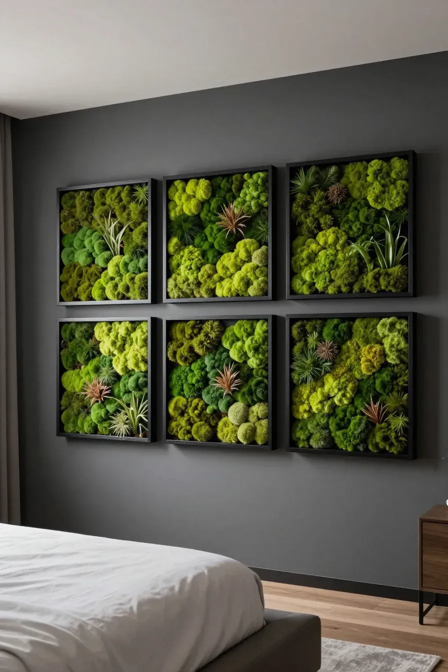 A grid of three black shadow boxes filled with textured green moss on a dark bedroom wall.