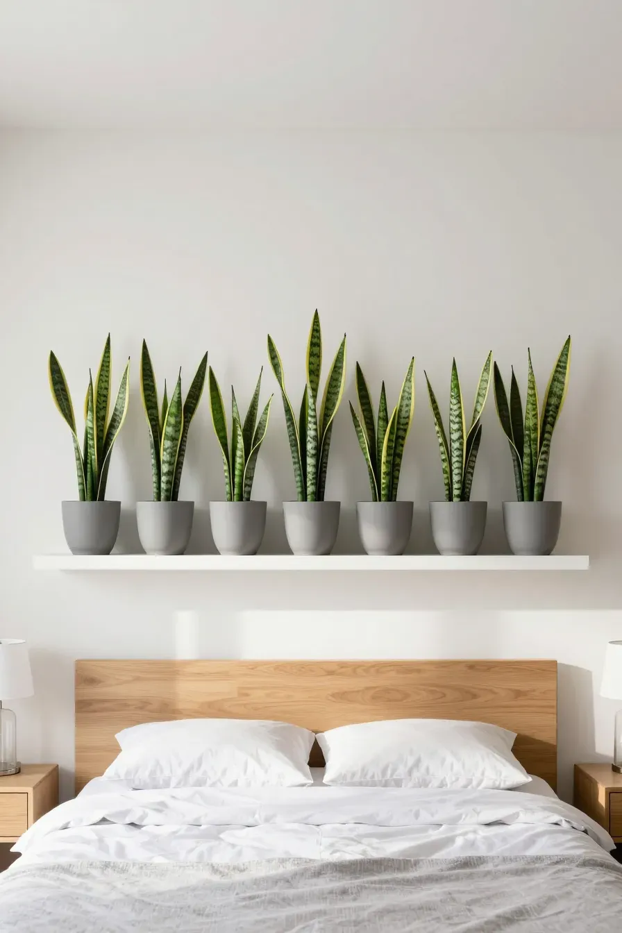 A row of snake plants in gray pots on a white shelf above a bed in a bright room.