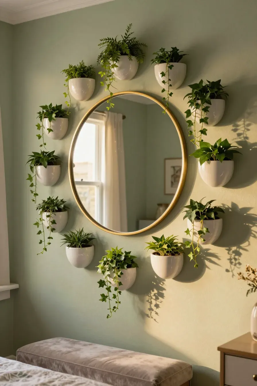 A round gold mirror on a sage wall surrounded by small white planters with trailing green ivy.