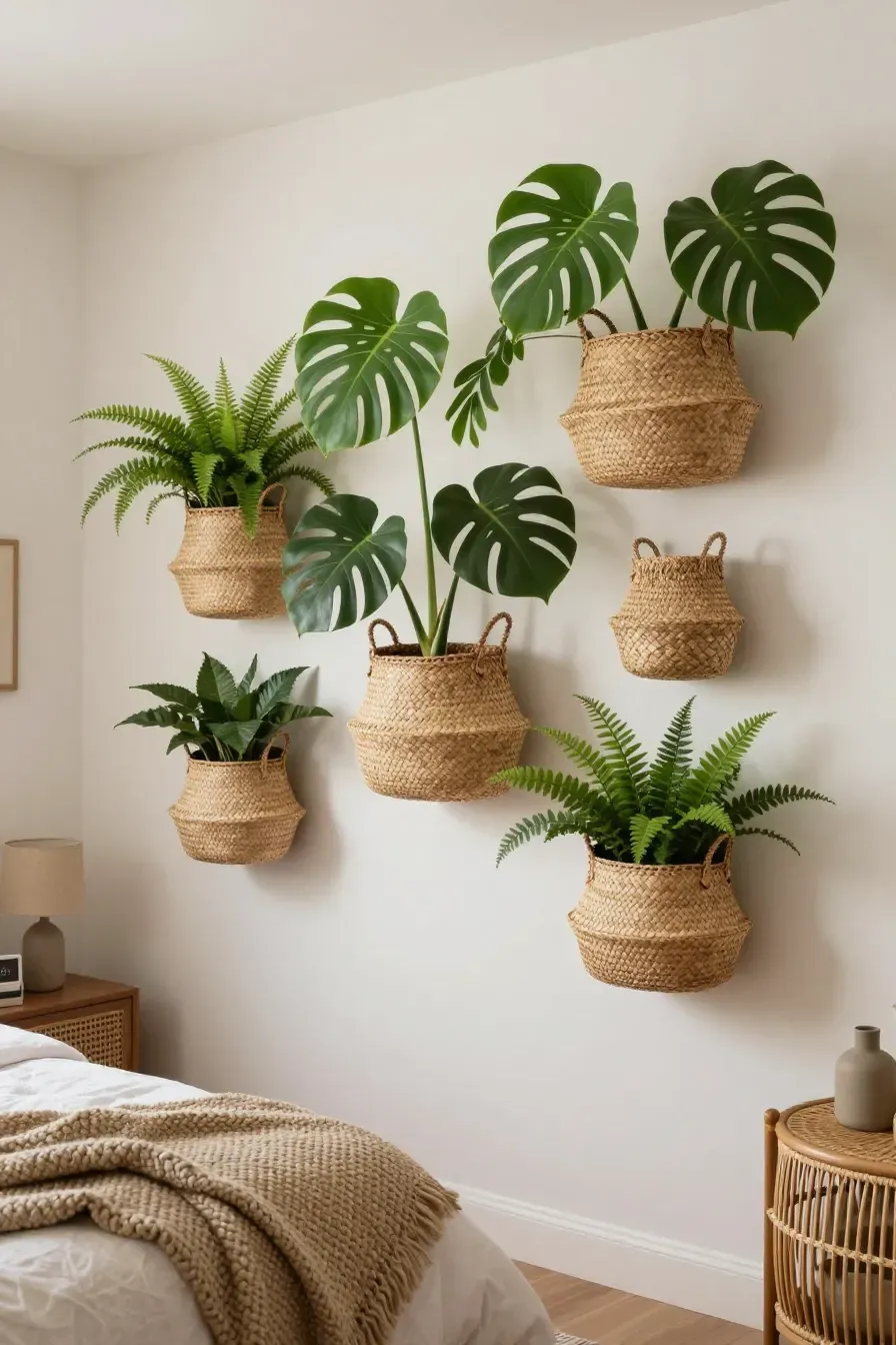 Woven baskets mounted on a bedroom wall holding large green tropical plants like Monstera.