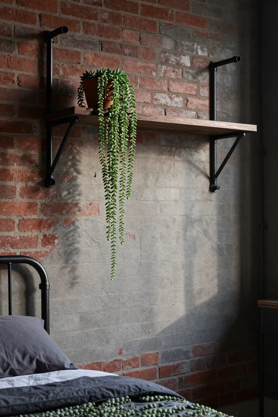 A black pipe shelf on a brick wall with a long String of Pearls plant hanging down.