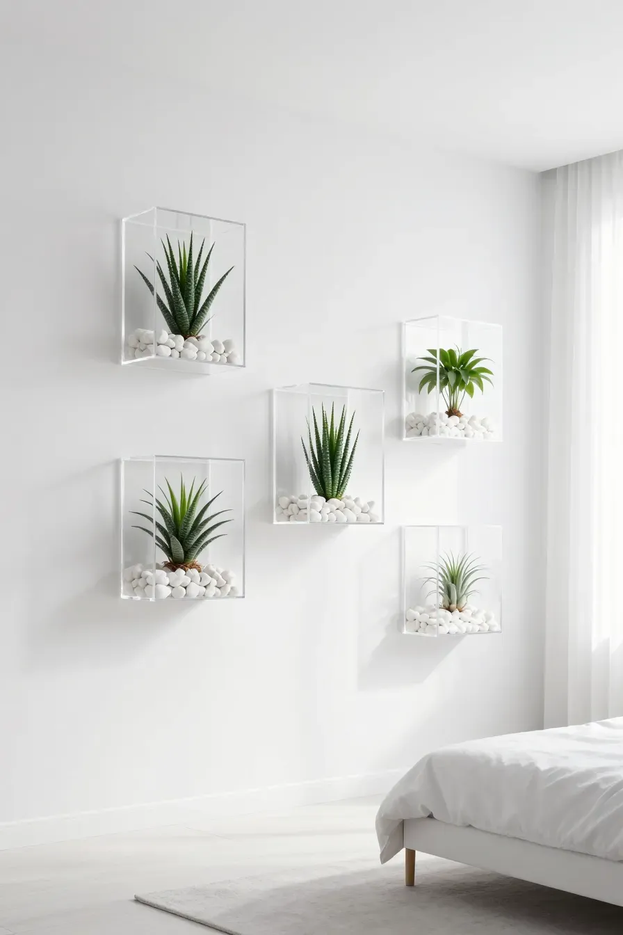 Clear acrylic boxes mounted on a white wall holding small green succulents and white stones.