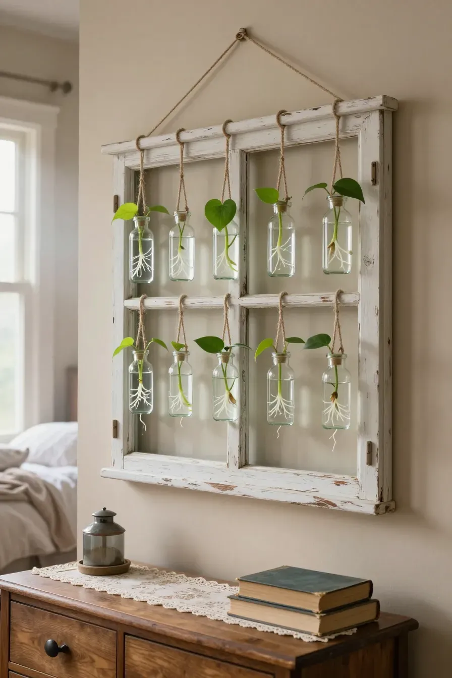 A rustic wooden window frame on a wall with small glass bottles hanging and growing plant roots.