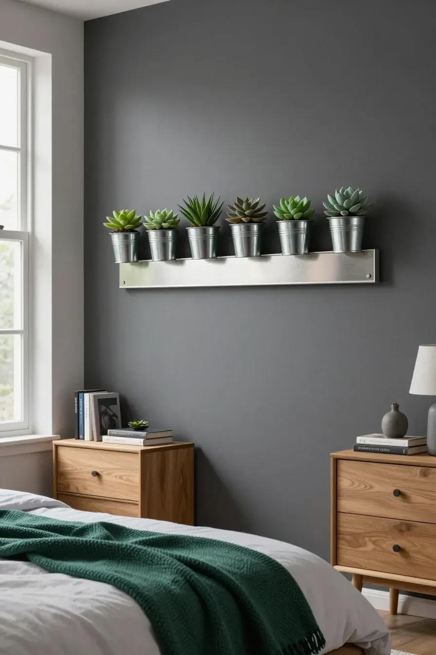 A modern bedroom wall featuring a magnetic strip with small metal tins holding green succulents.