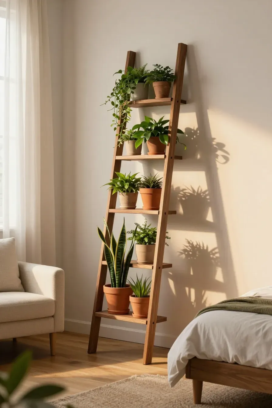 A walnut ladder shelf leaning against a bedroom wall filled with tiered potted plants and vines.