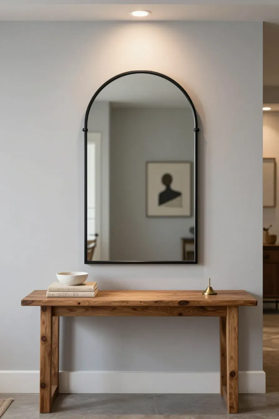 A thin black arched mirror hanging above a wooden console table in a stylishly decorated hallway.