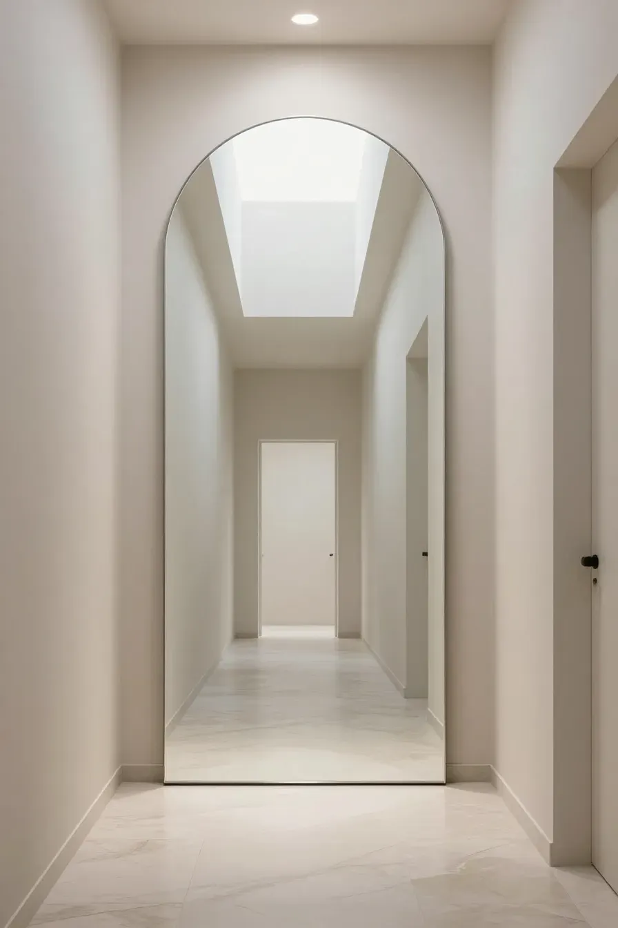 A large frameless arched mirror mounted on a hallway wall, creating a spacious reflection.