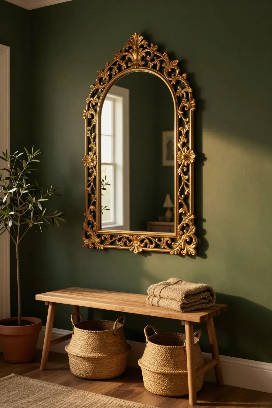 An ornate aged gold arched mirror hanging above a wooden bench with woven baskets underneath.