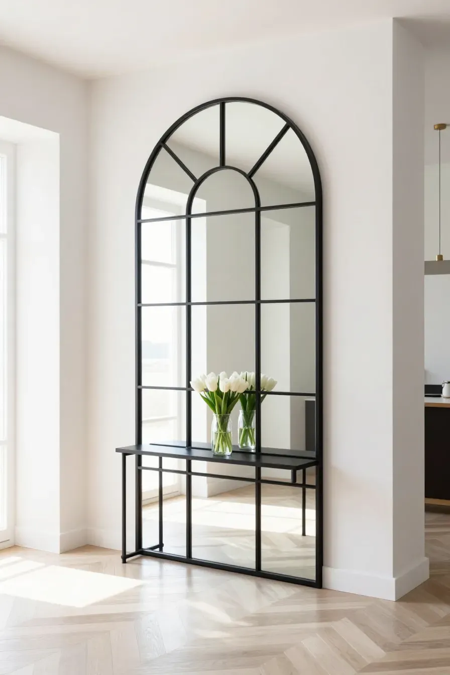 A windowpane style arched mirror with black grids hanging in a bright, modern entryway.