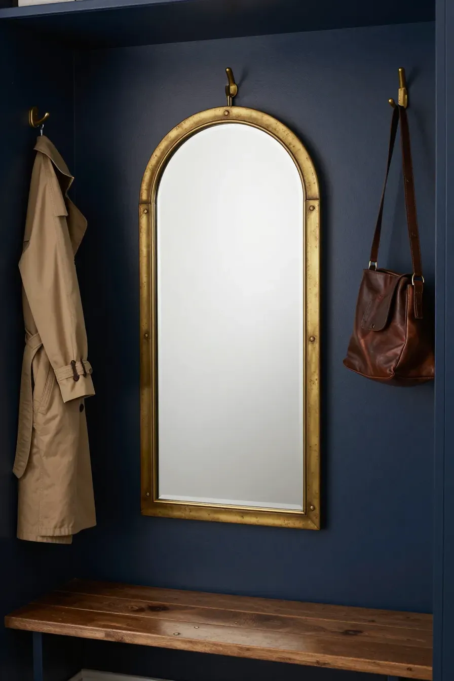 An antique brass arched mirror tucked into a cozy mudroom corner with a bench and coat hooks.