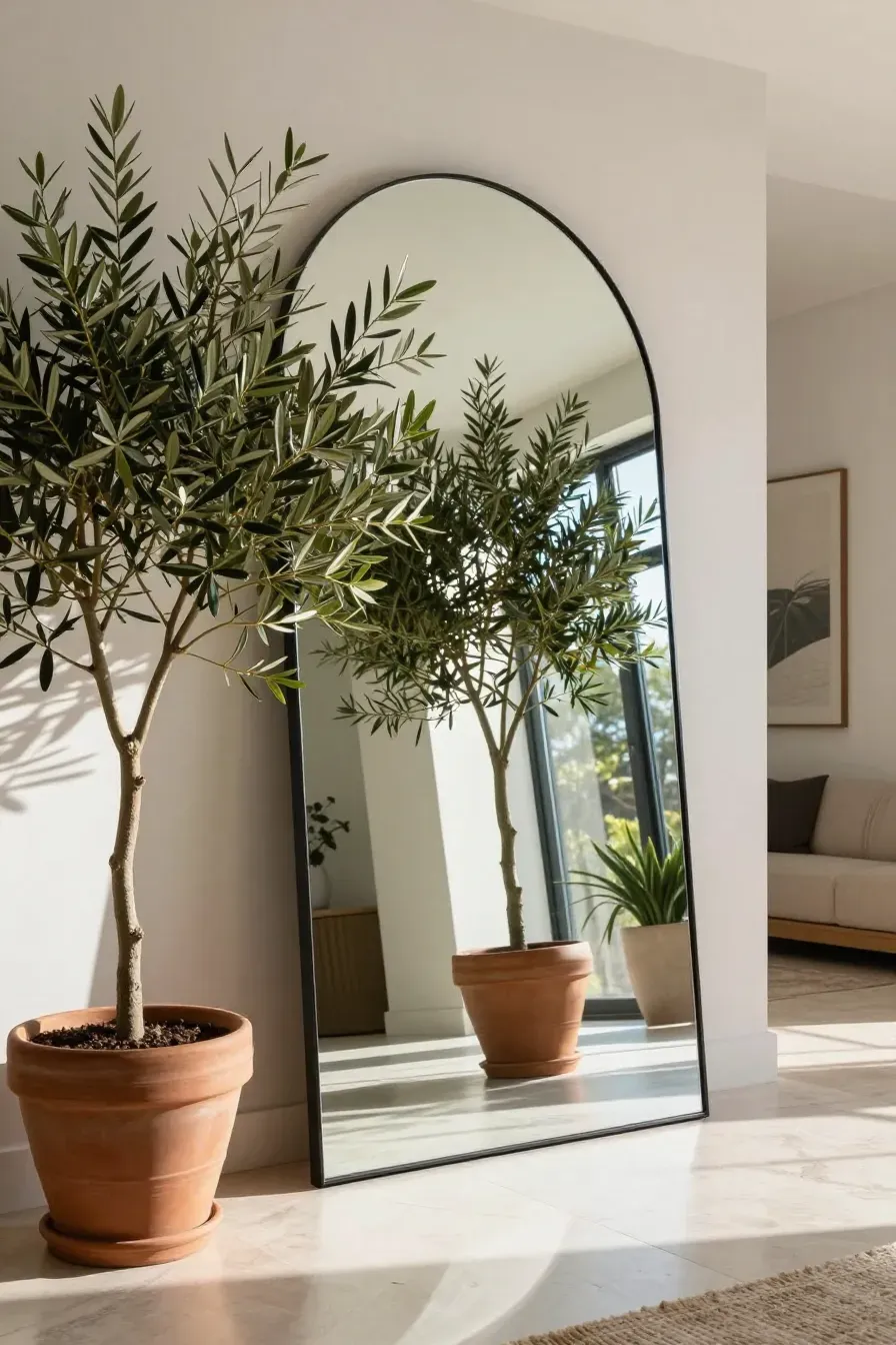 A tall floor-to-ceiling arched mirror reflecting a large potted olive tree in a bright entryway.