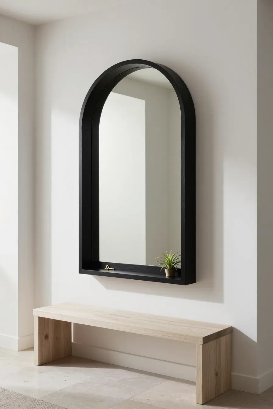 A deep-set black arched mirror with a recessed frame and a small air plant on the inner ledge.