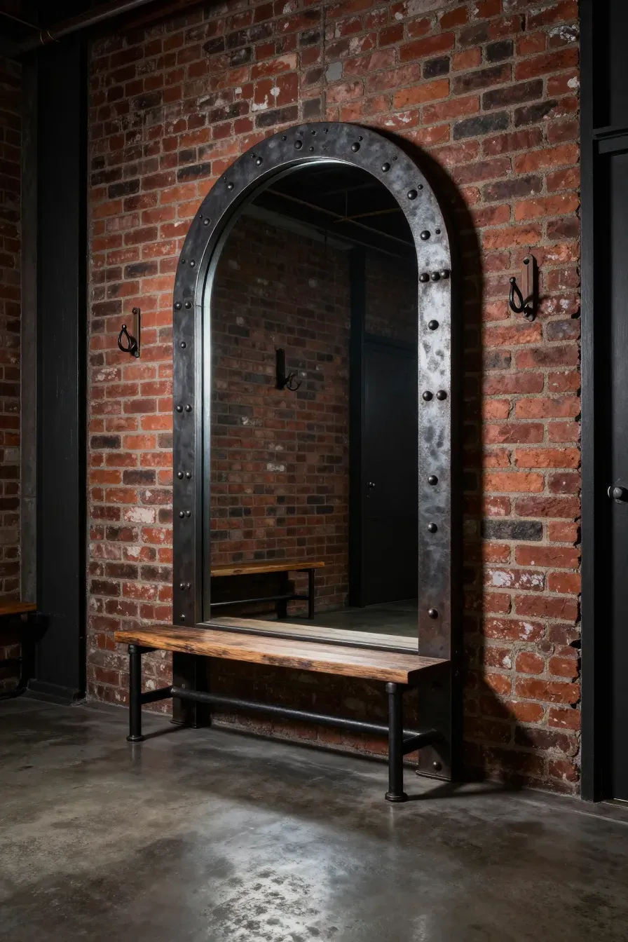 An industrial arched mirror with a riveted iron frame against a rustic red brick wall.