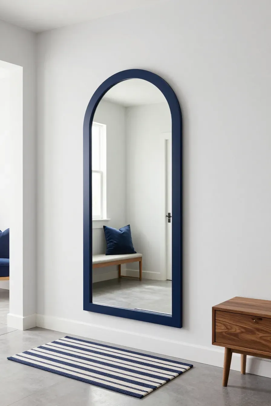 A tall arched mirror with a matte navy blue frame in a bright, modern white entryway.