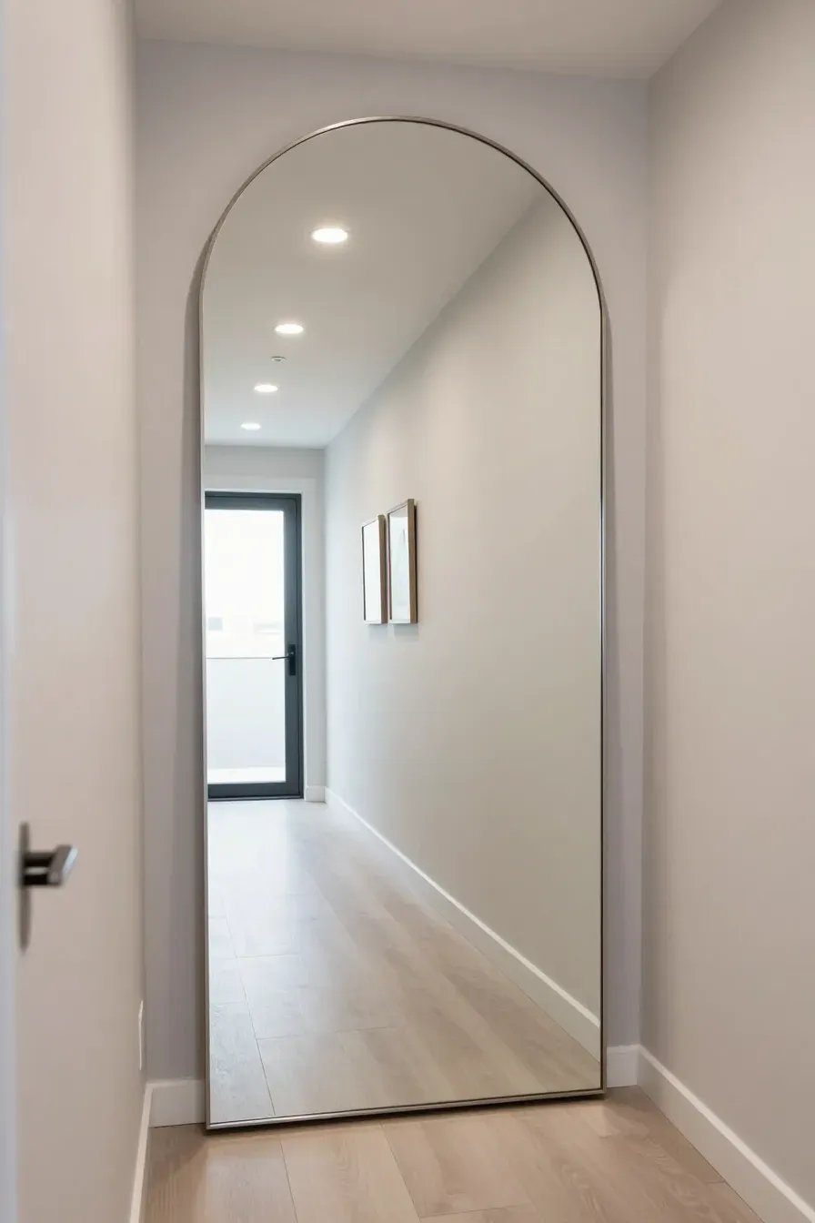 An extra-wide arched mirror with a thin silver frame making a narrow hallway look spacious.