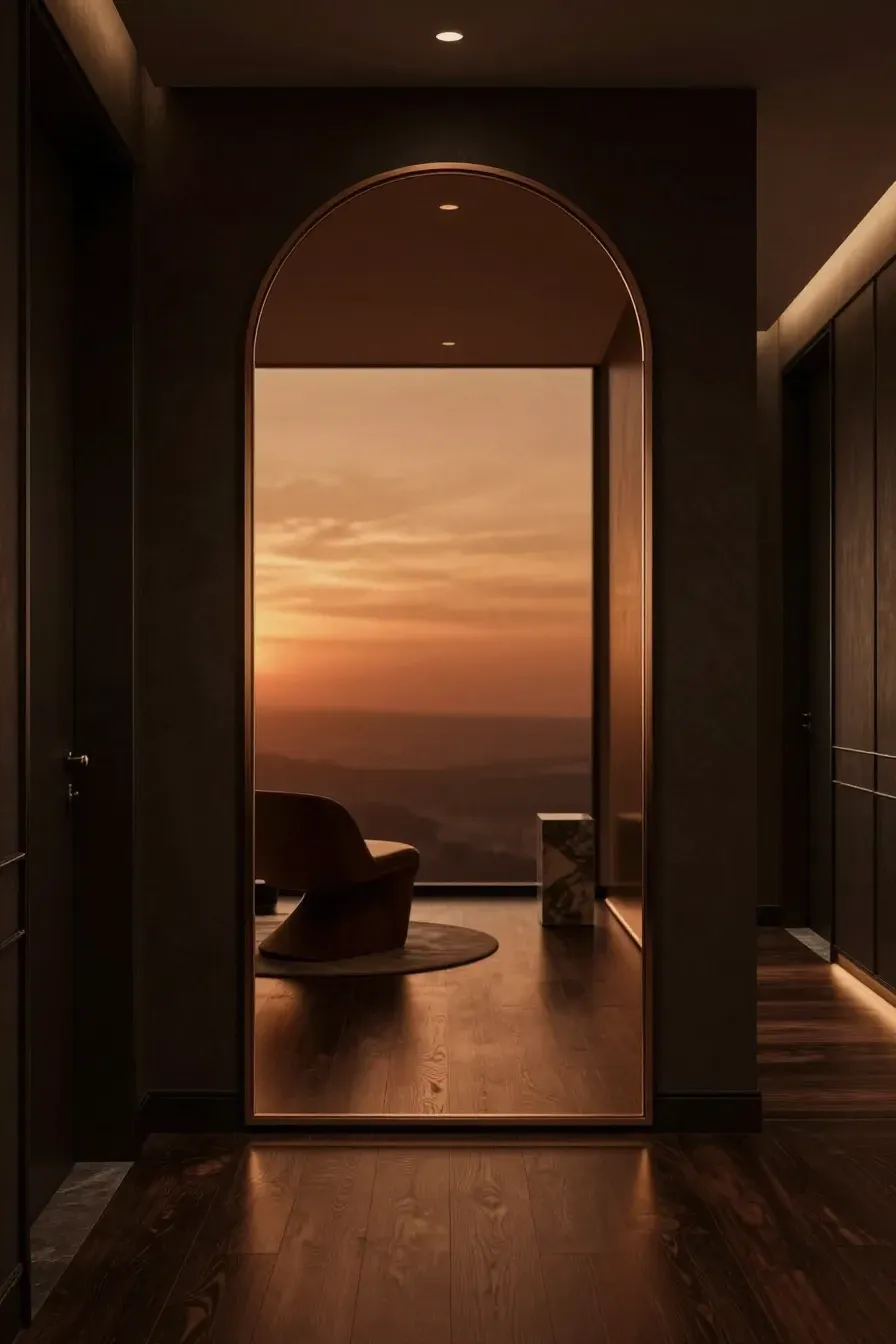 A bronze-tinted arched mirror in a luxury hallway with moody, warm lighting.