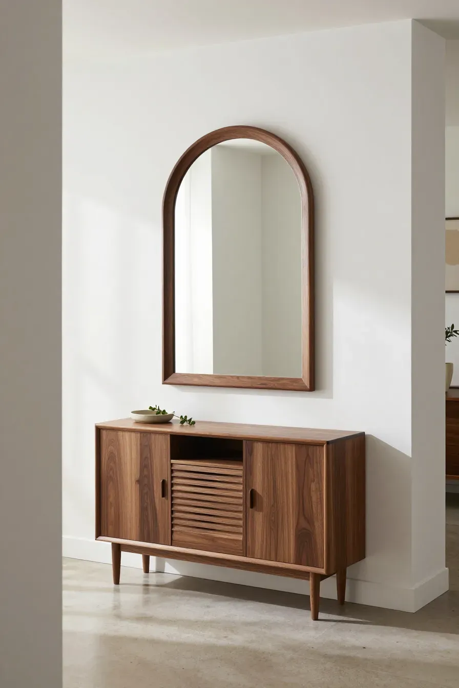 A walnut arched mirror hanging above a mid-century modern shoe cabinet in a bright white hallway.