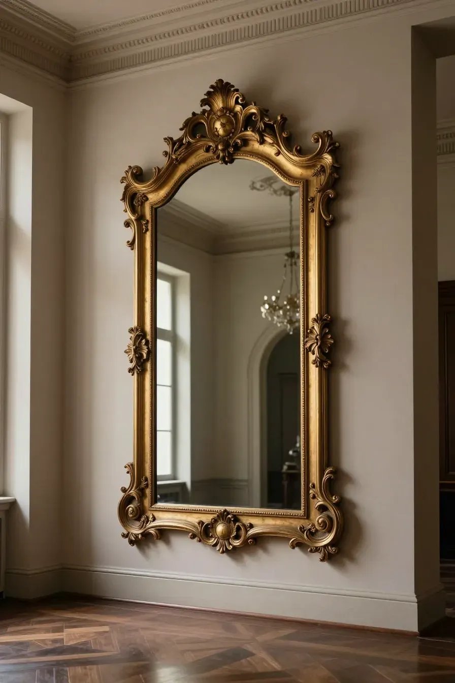 A grand Victorian arched mirror with ornate gold carvings acting as a focal point in a luxury foyer.