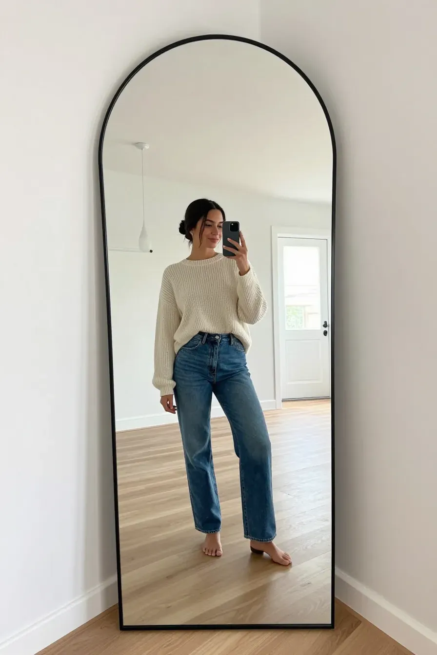 A woman taking a mirror selfie in a large leaning arched floor mirror in a bright modern hallway.