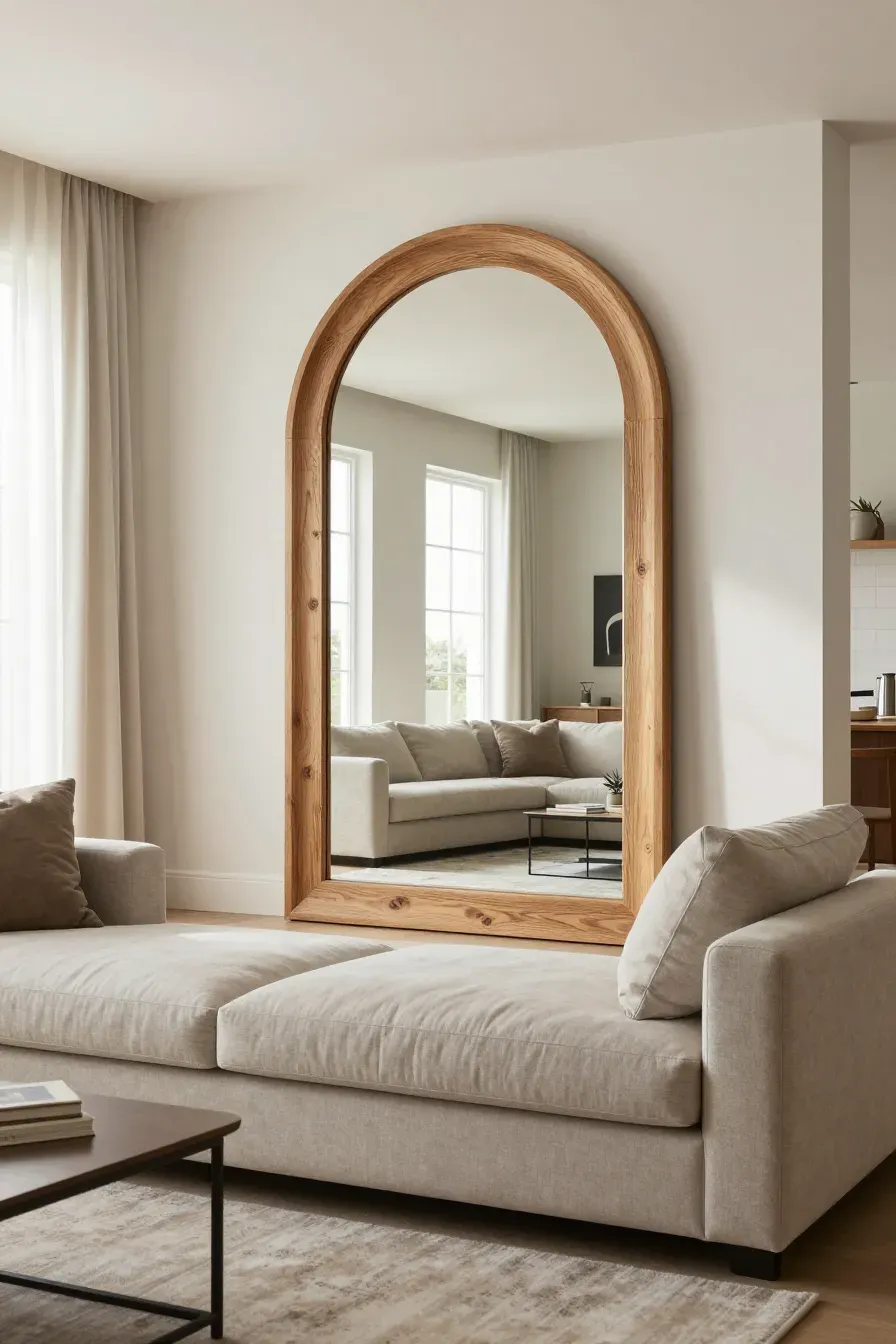 A large wood-framed arched mirror hanging behind a modern sofa in a spacious, bright living room.