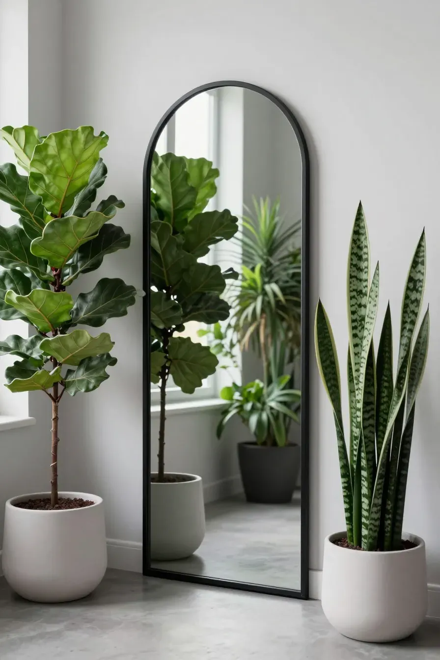 A black metal arched mirror flanked by a fiddle leaf fig and snake plant in a modern room.