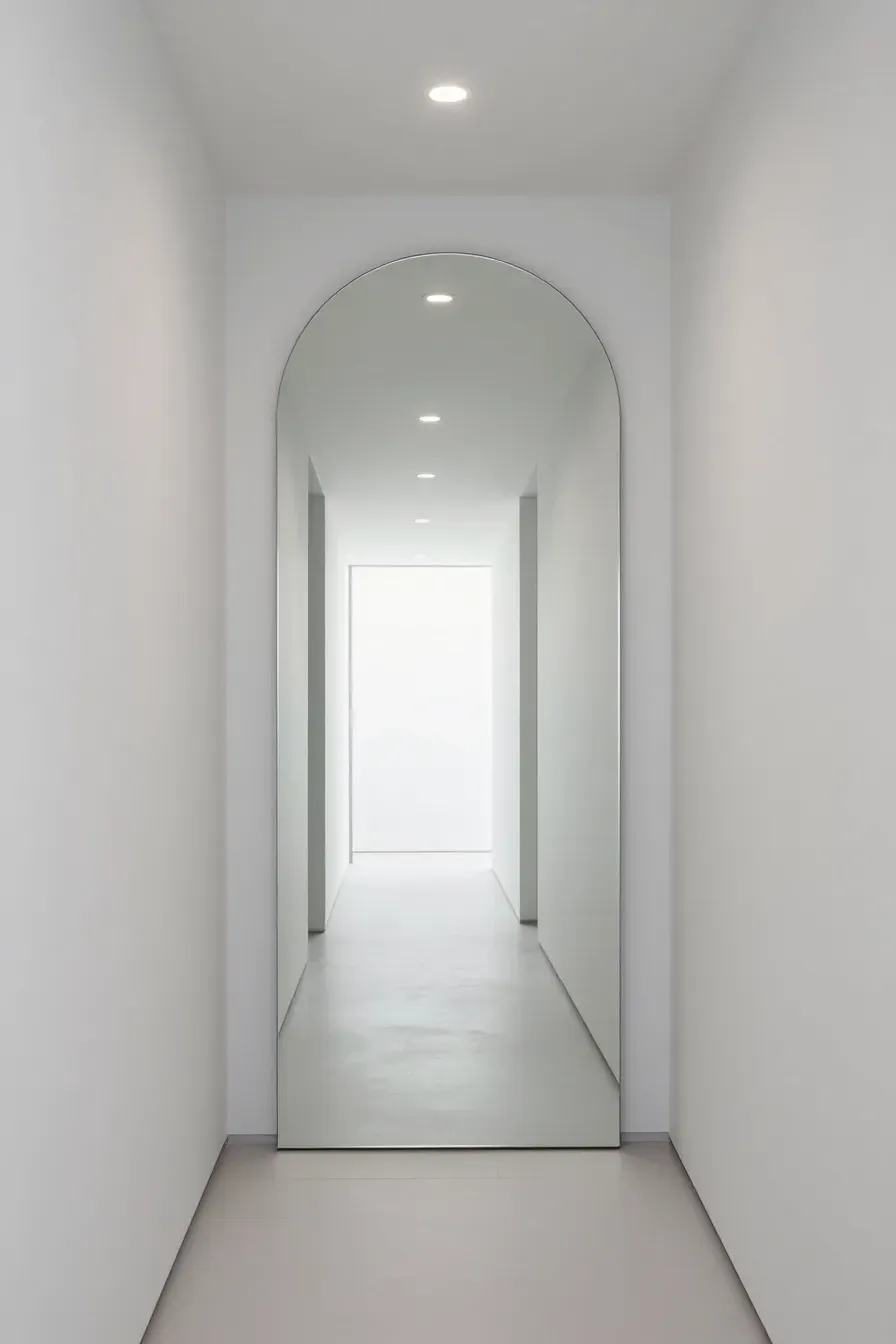 A large frameless arched mirror on the wall of a narrow, minimalist modern hallway.