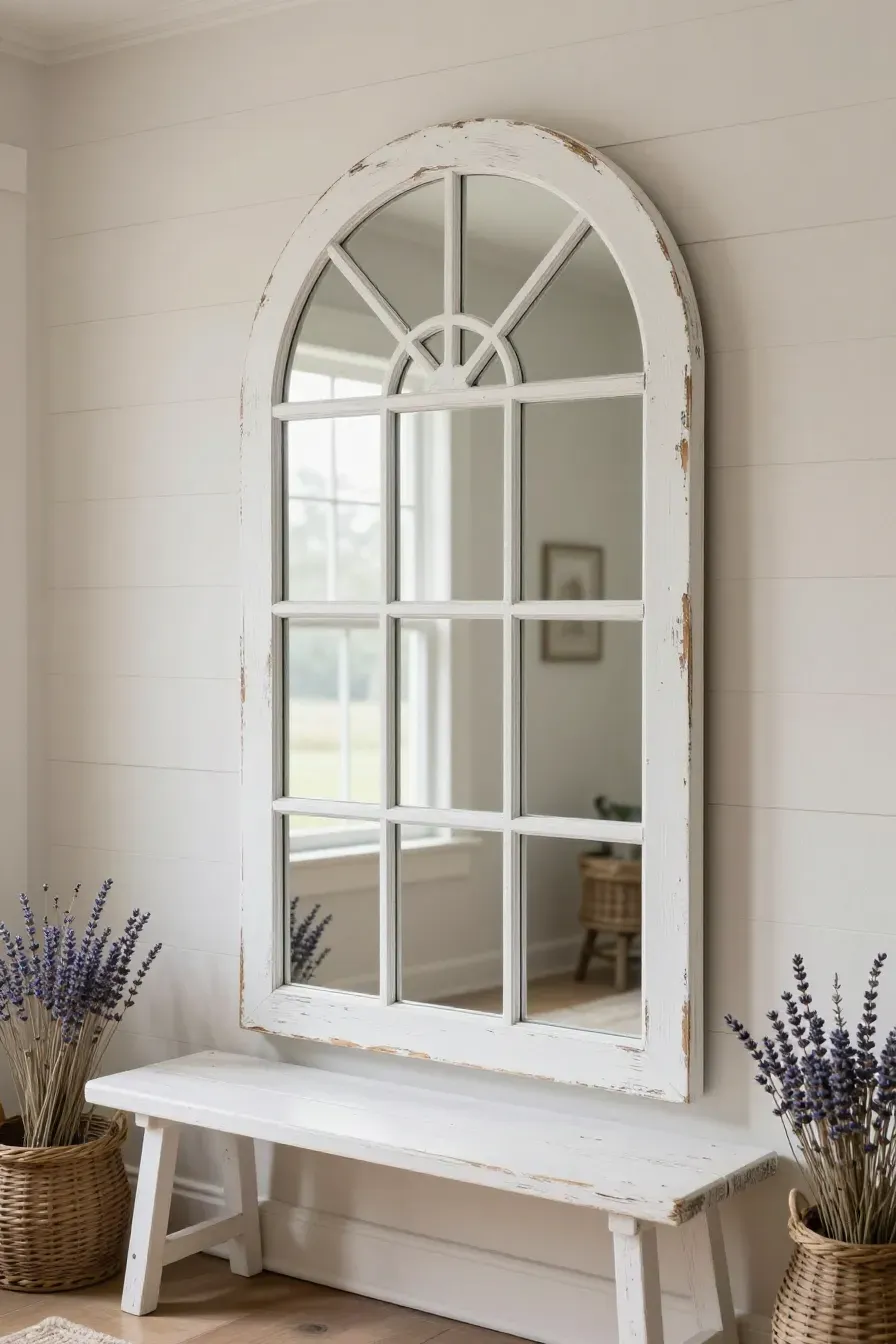 A rustic distressed white window-pane arched mirror in a cozy farmhouse-style entryway.