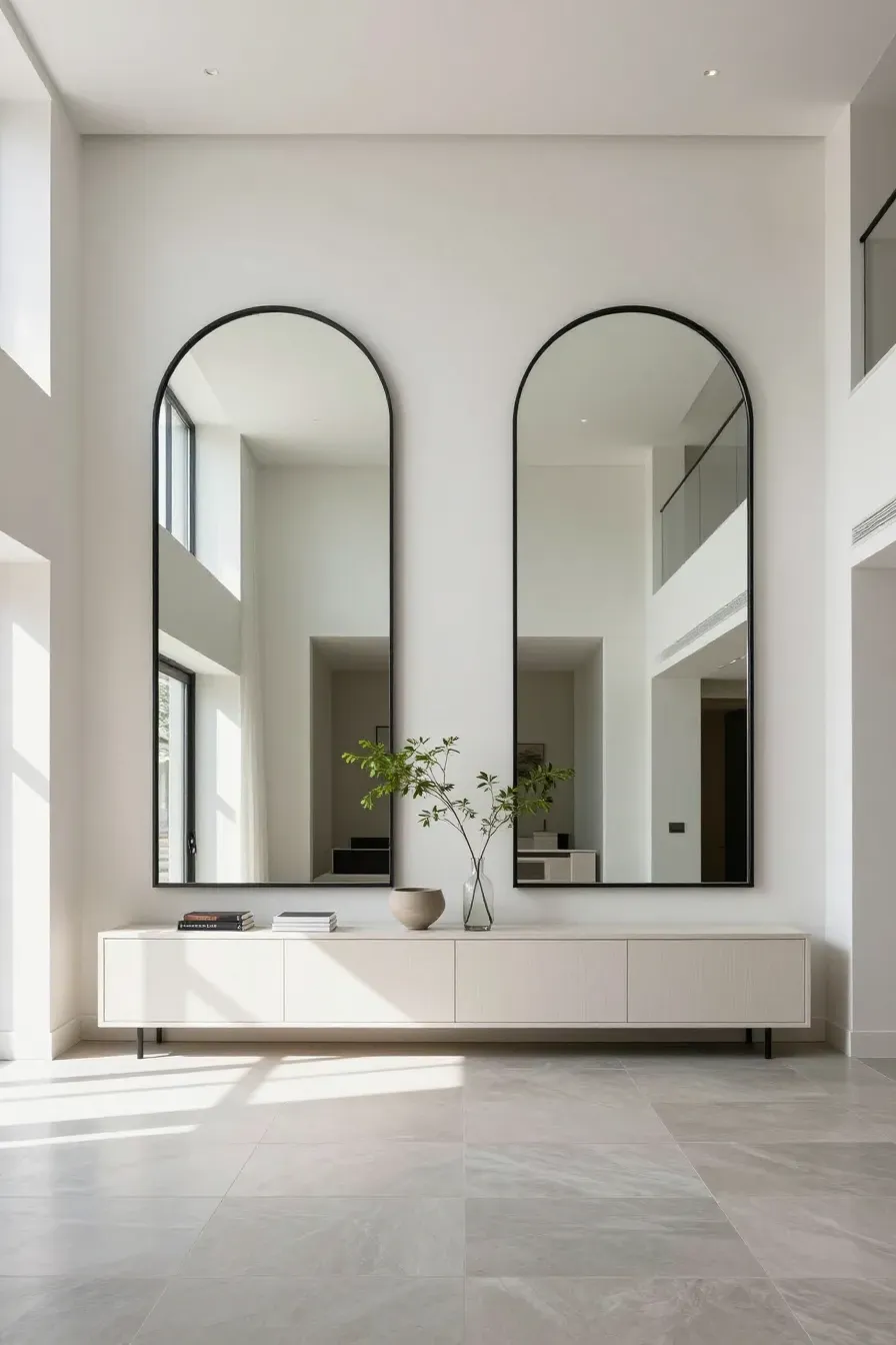 Two large arched mirrors hanging side-by-side over a light wood console table in a bright foyer.