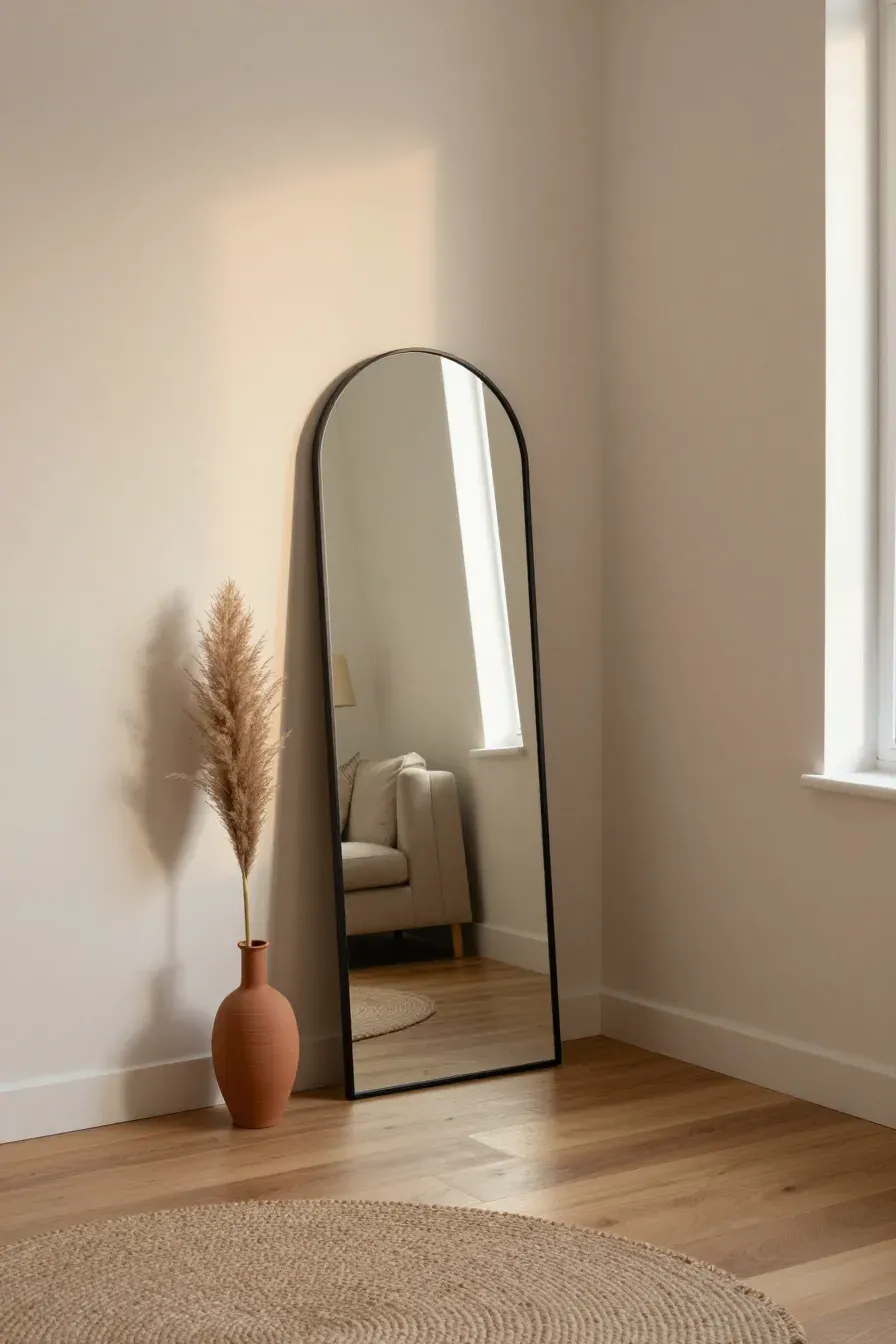 A tall, thin black arched mirror leaning in a minimalist room corner next to a terracotta vase.