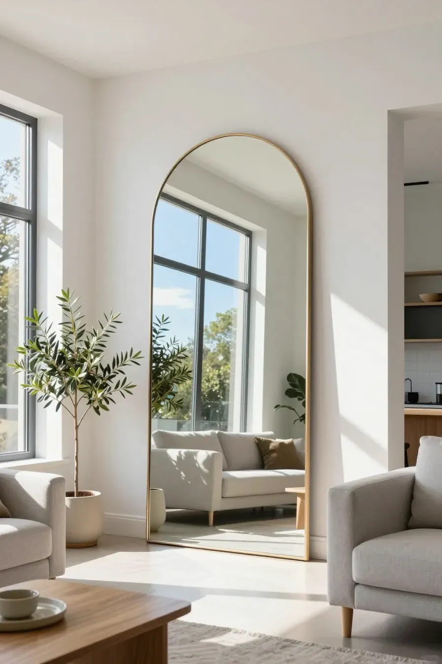 A large arched mirror on a white wall reflecting a bright window and green trees outside.