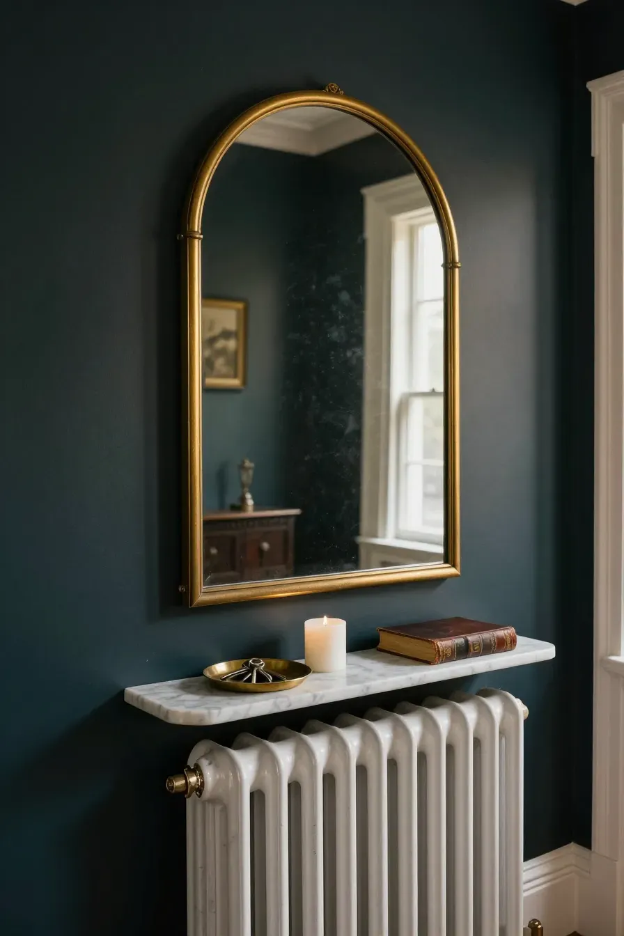 An ornate brass arched mirror hanging above a white radiator with a marble shelf in an entryway.