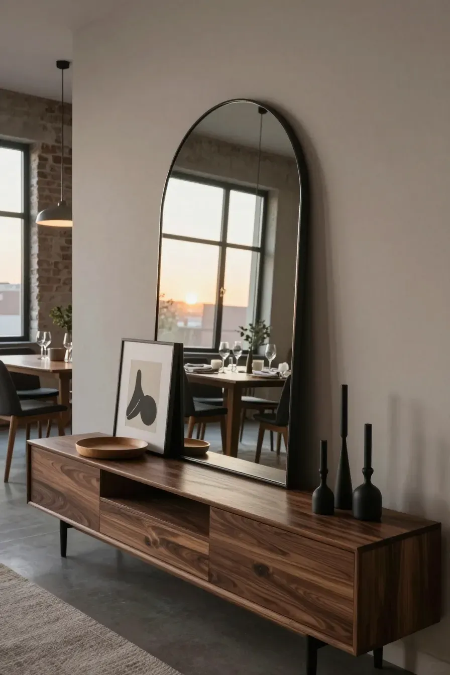 A massive arched mirror leaning on a dark wood sideboard in a modern dining room.