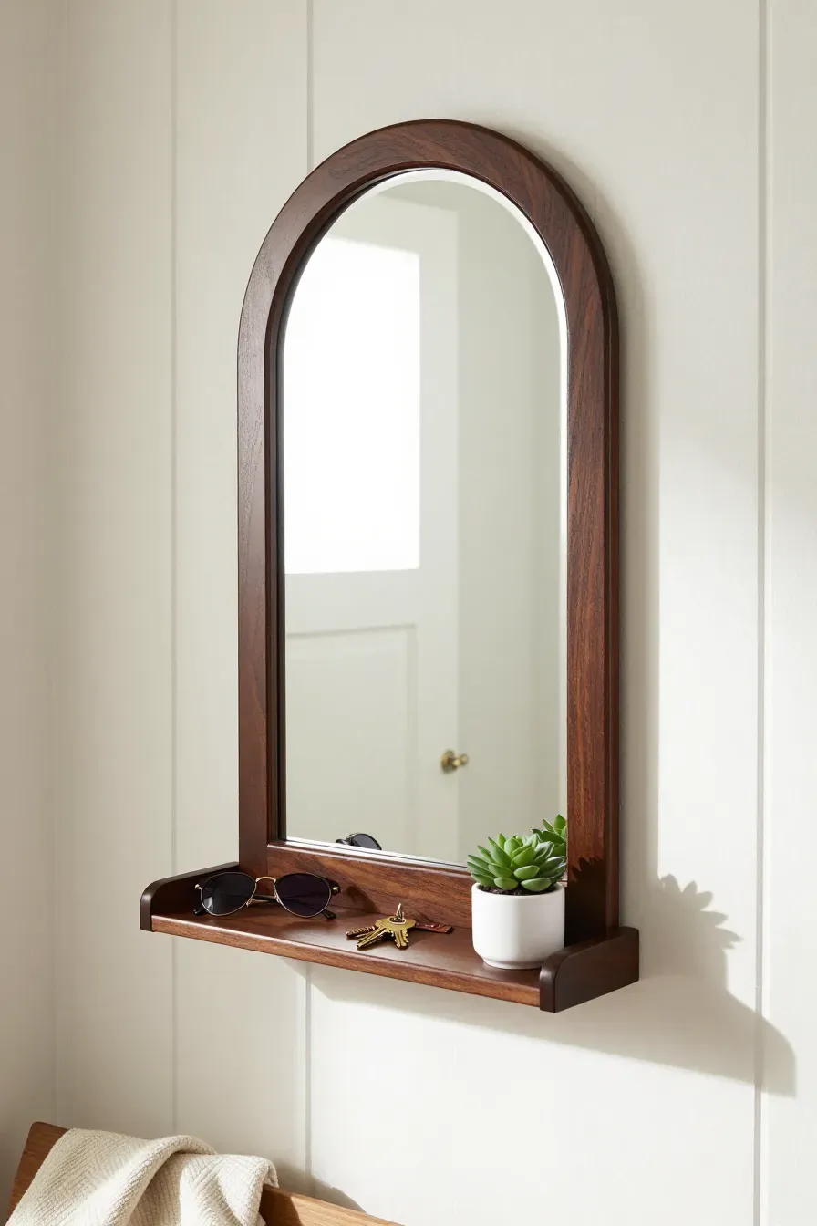 A dark wood arched mirror with a small shelf holding keys and a succulent in a mudroom.