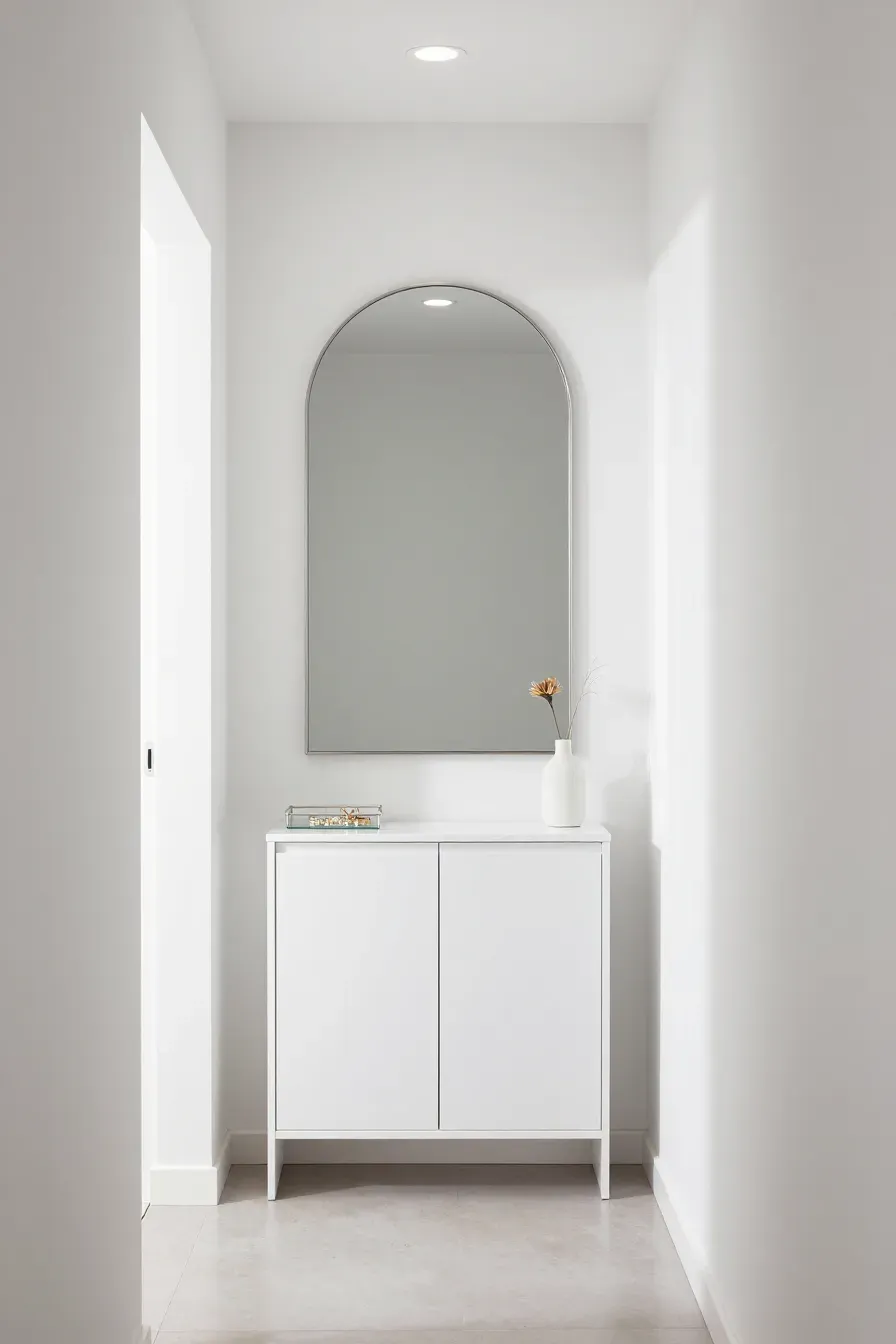 A sleek silver arched mirror hanging above a slim white shoe storage cabinet in a hallway.