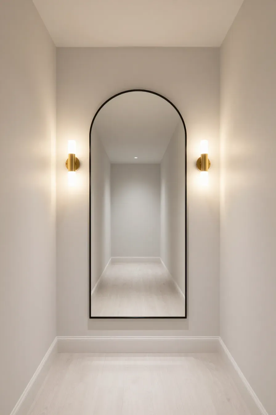 A large arched mirror centered between two glowing brass sconces in a bright, modern hallway.