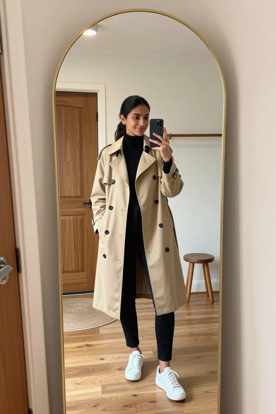 A woman taking a mirror selfie in a large floor-length arched mirror in a bright home entryway.