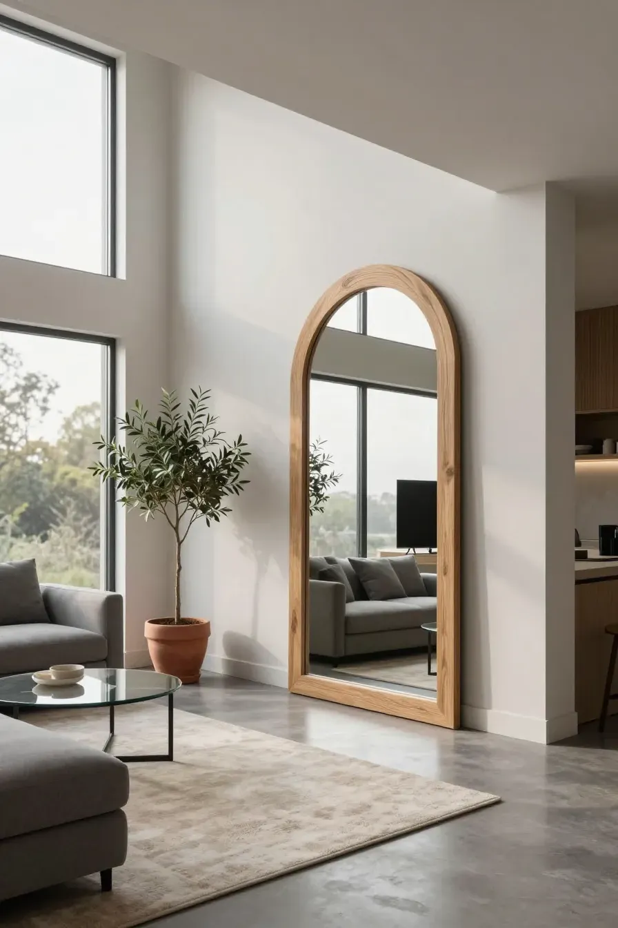 A modern living room with a gray sofa and a large natural oak arched mirror on the wall.