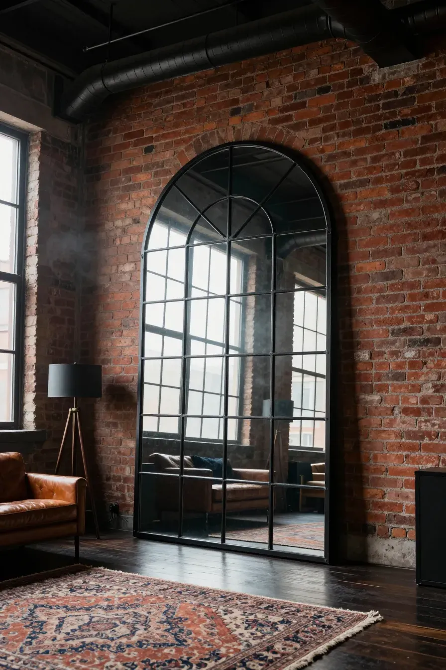 An industrial arched mirror with black metal grid panes leaning against an exposed brick wall.
