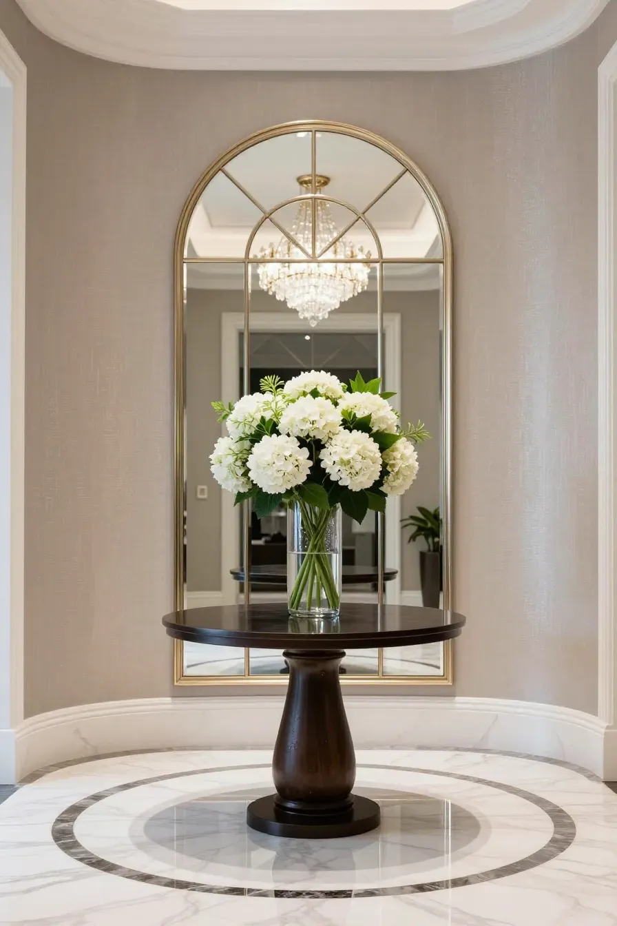 A luxury entryway featuring a large arched mirror behind a round table with a vase of flowers.