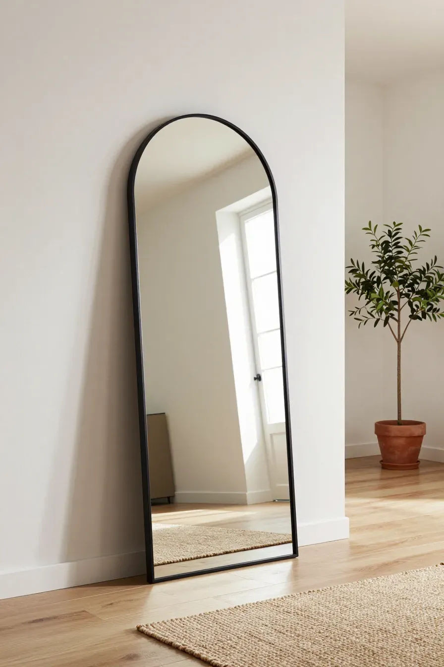 A large black arched floor mirror leaning against a white wall in a sunlit modern entryway.