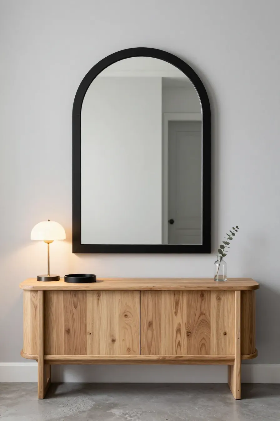 An arched black mirror mounted on a gray wall above a light wood console table with a lamp.