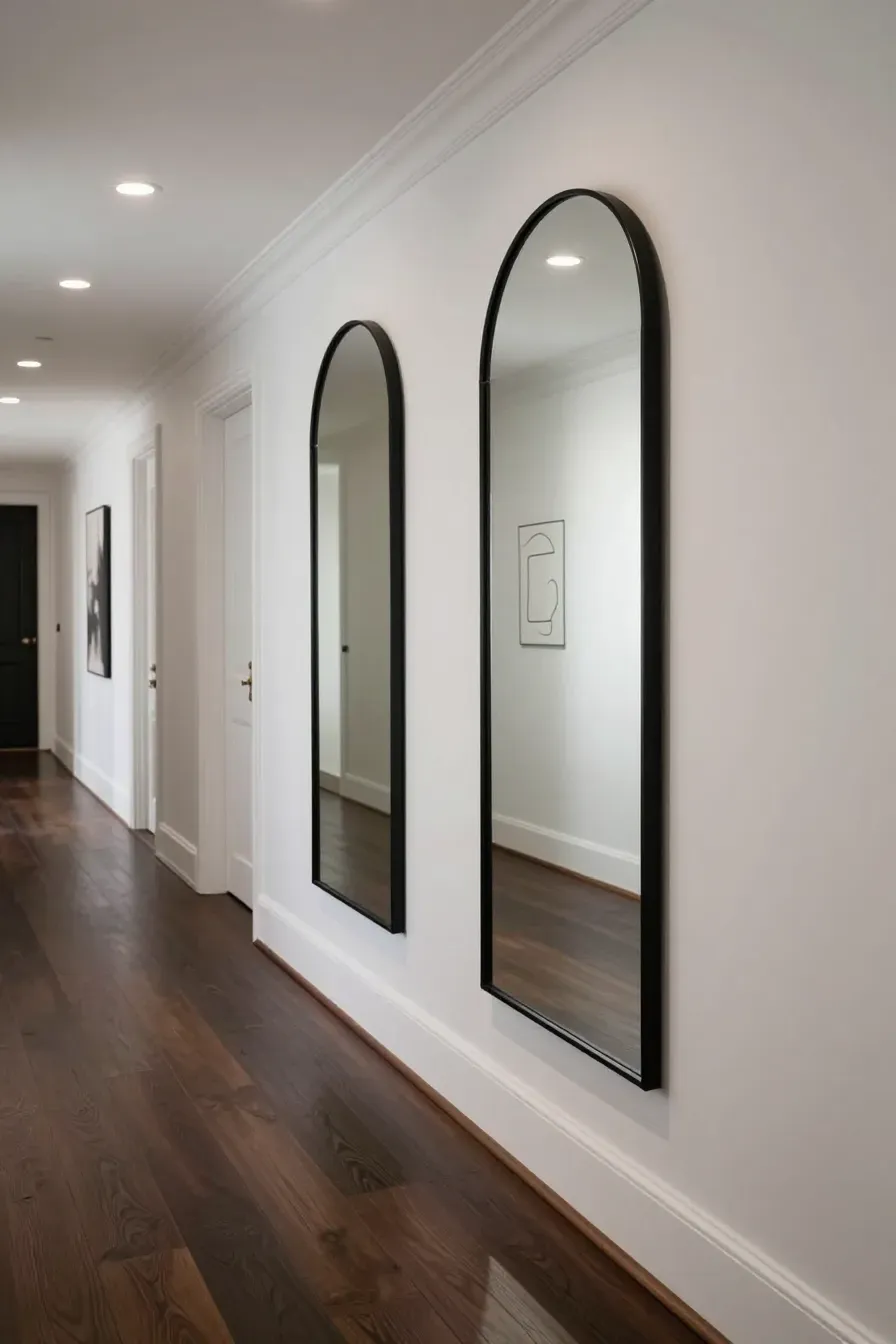 Two narrow black arched mirrors hung side-by-side in a long, elegant hallway with dark wood floors.