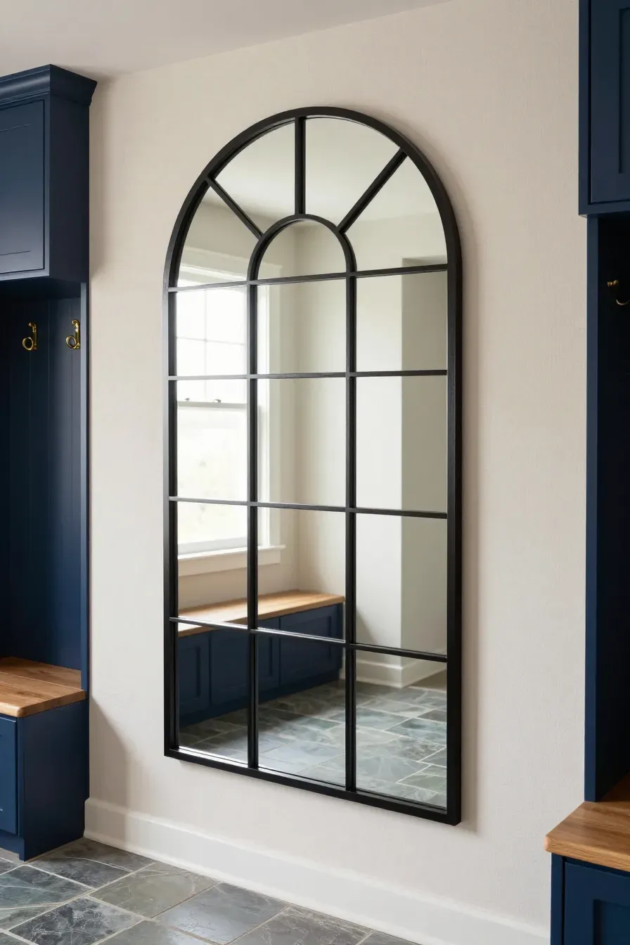 A black arched mirror with window-like grid panes mounted in a stylish navy blue mudroom.